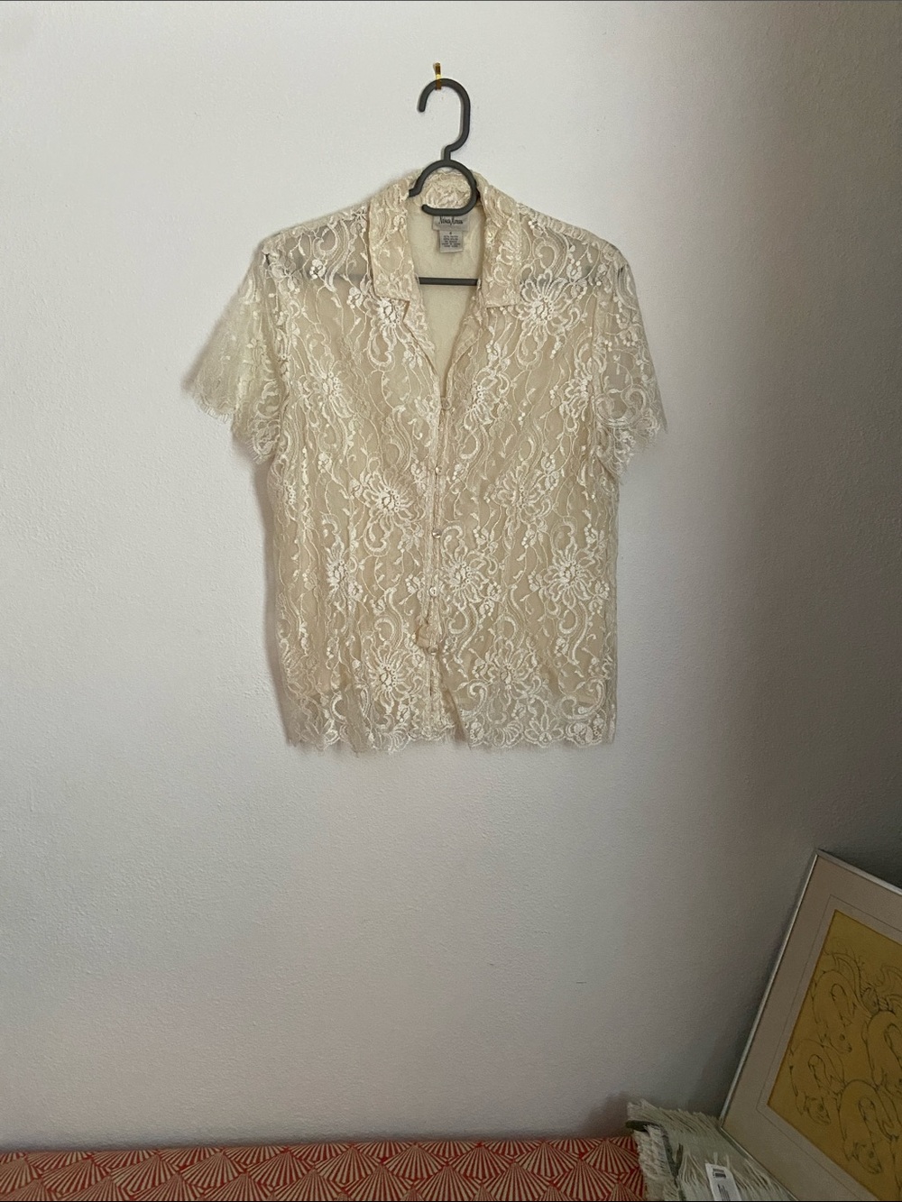 Vintage Lace Button-Front Short Sleeve Top - Cream - Picture 1 of 8
